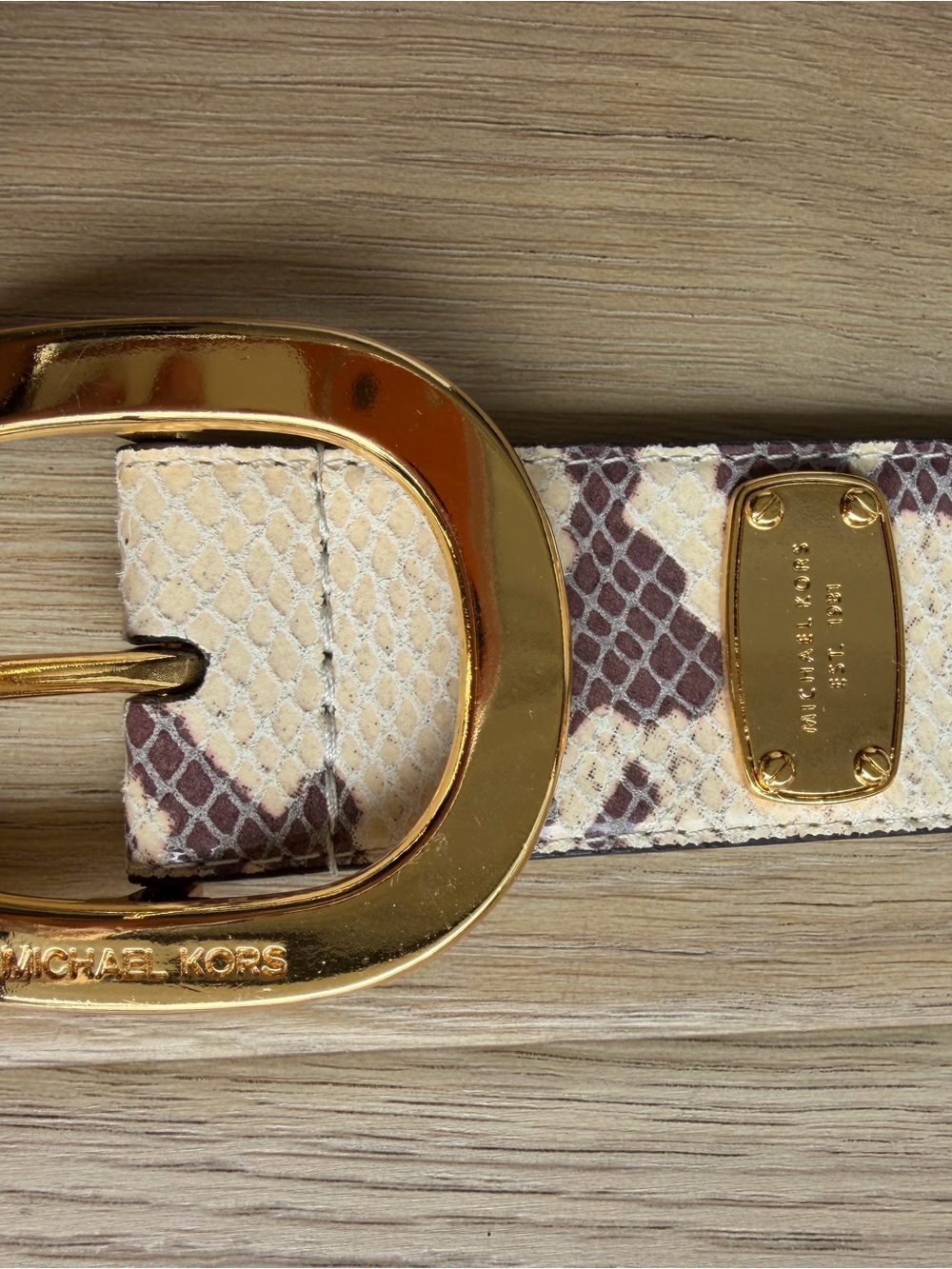 Brand New Michael Kors Cream & Brown Snakeskin-Pattern Leather Belt, Gold Buckle